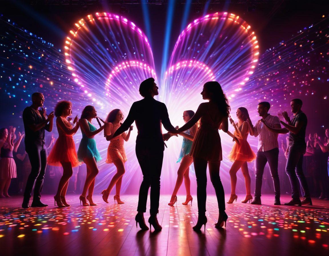 A vibrant stage illuminated with colorful lights showcasing a live music performance, where the audience is swaying and connecting emotionally. In the foreground, a diverse group of people with joyful expressions dances together, symbolizing the bond created through music. In the background, a heart-shaped arrangement of musical notes glows softly, representing love and affection fostered by the event. super-realistic. vibrant colors. dynamic lighting.