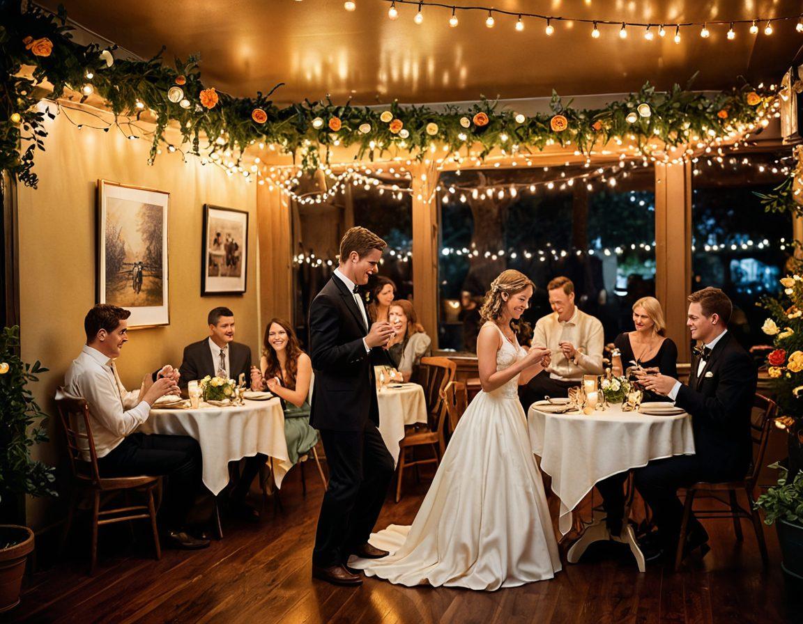 A cozy gathering scene with couples dancing under twinkling fairy lights, surrounded by vintage record players and vibrant vinyl records scattered around. The ambiance is warm, with soft golden hues illuminating smiling faces and intimate conversations. In the background, a beautifully set table adorned with flowers and candles, evoking a romantic atmosphere filled with music notes floating in the air. super-realistic. warm colors. vibrant details.